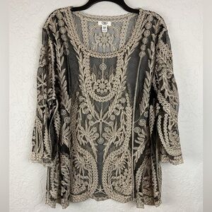 Women’s Cato Black Mesh Metallic Thread Embroidered Blouse Sheer Top Sz 26/28W